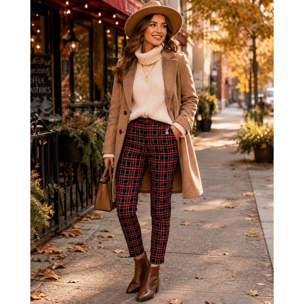 Tommy Hilfiger Red Tartan Plaid Pants Women Size 6 Preppy Holiday Stret